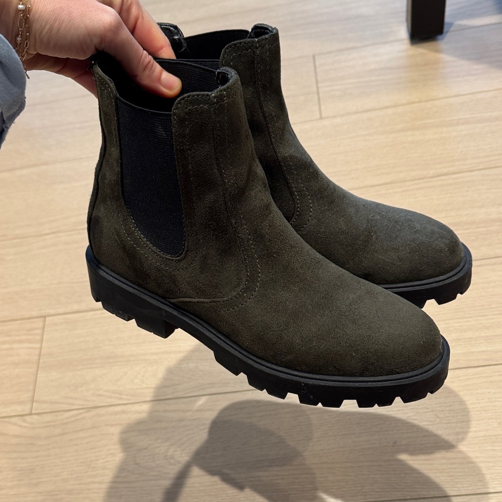 Nine West Olive Green Suede Lug Sole Chelsea Boots